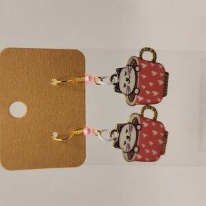 White Cat in Pink Mug Earrings